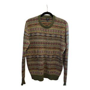J CREW MENS SIZE MEDIUM STRIPED FAIR ISLE SWEATER CREWNECK WOOL BLEND GREEN